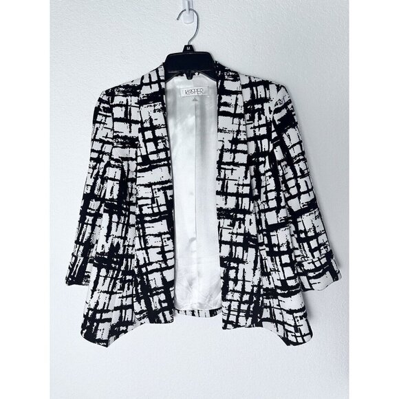 Kasper SZ 6 Womens Open Front Black & White Geometric Jacket Blazer‎ 3/4 Sleeves - Picture 1 of 9